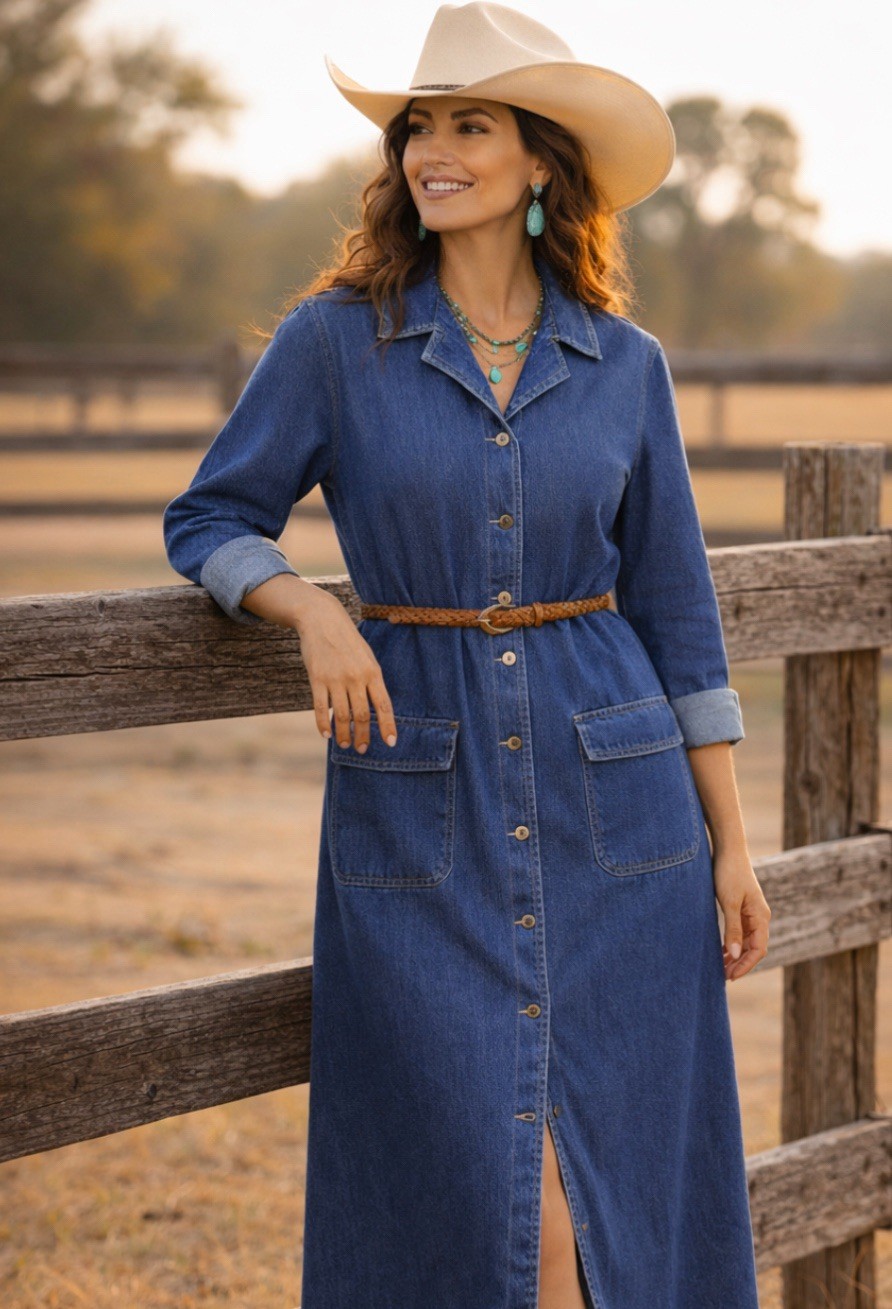 Vtg Bill Blass Denim Dress M/L Blue Western Southwest Button Up 90s Yellowstone