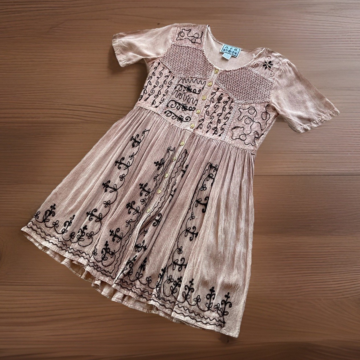 M.P.H Womens L Boho Brown Floral Embroidered Button Up Fit & Flare Pleated Dress