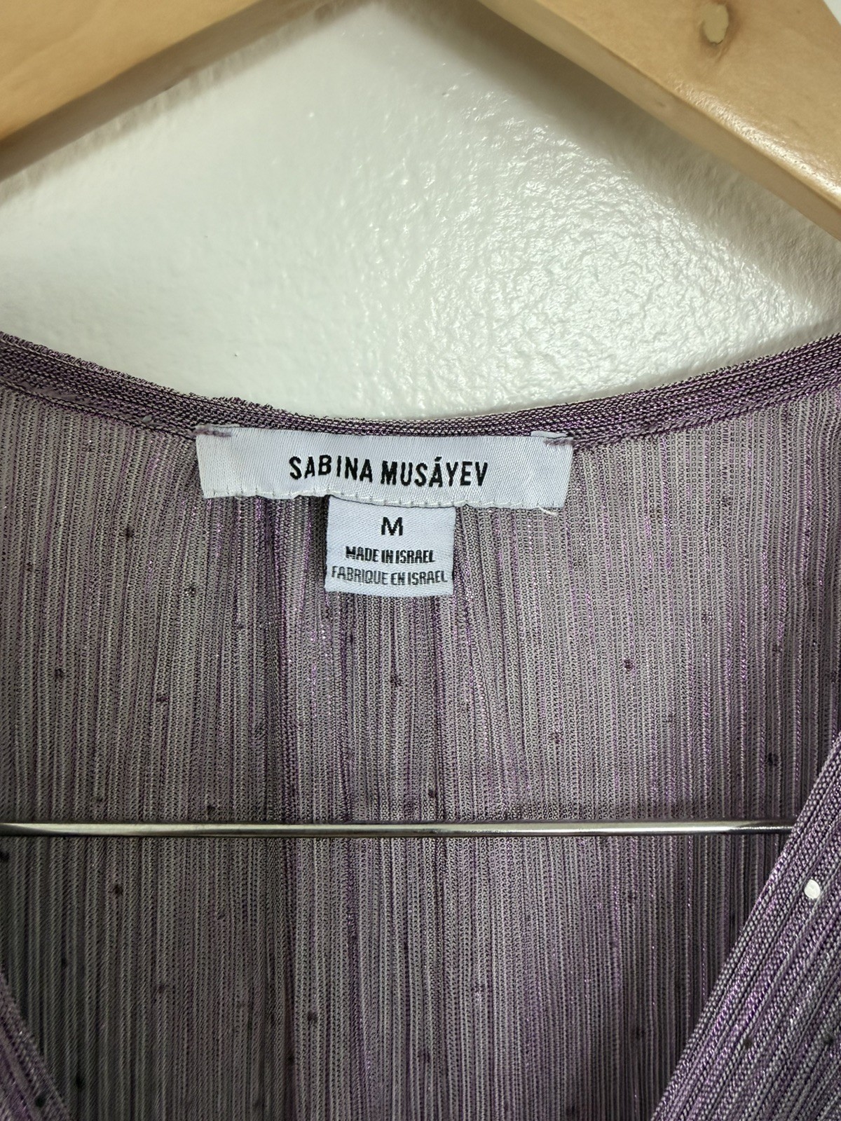 Sabrina Musayev Purple Glitter Pleated Sheer V-Neck Puff Sleeve Mini Dress M