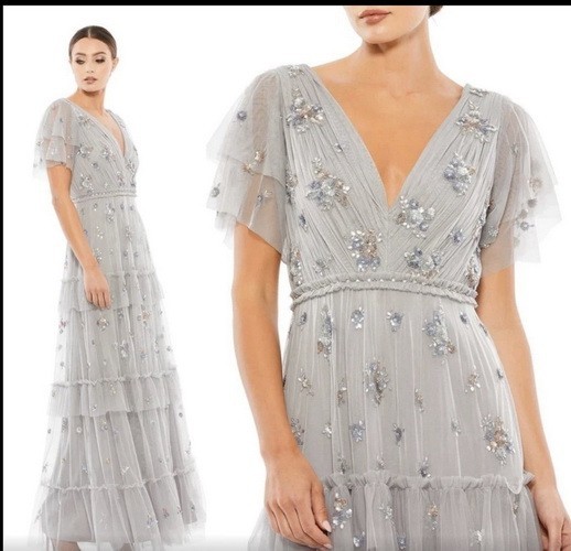 Mac Duggal Platinum Ruffle Tiered Embellished Flutter Sleeve Gown Size 6 $598