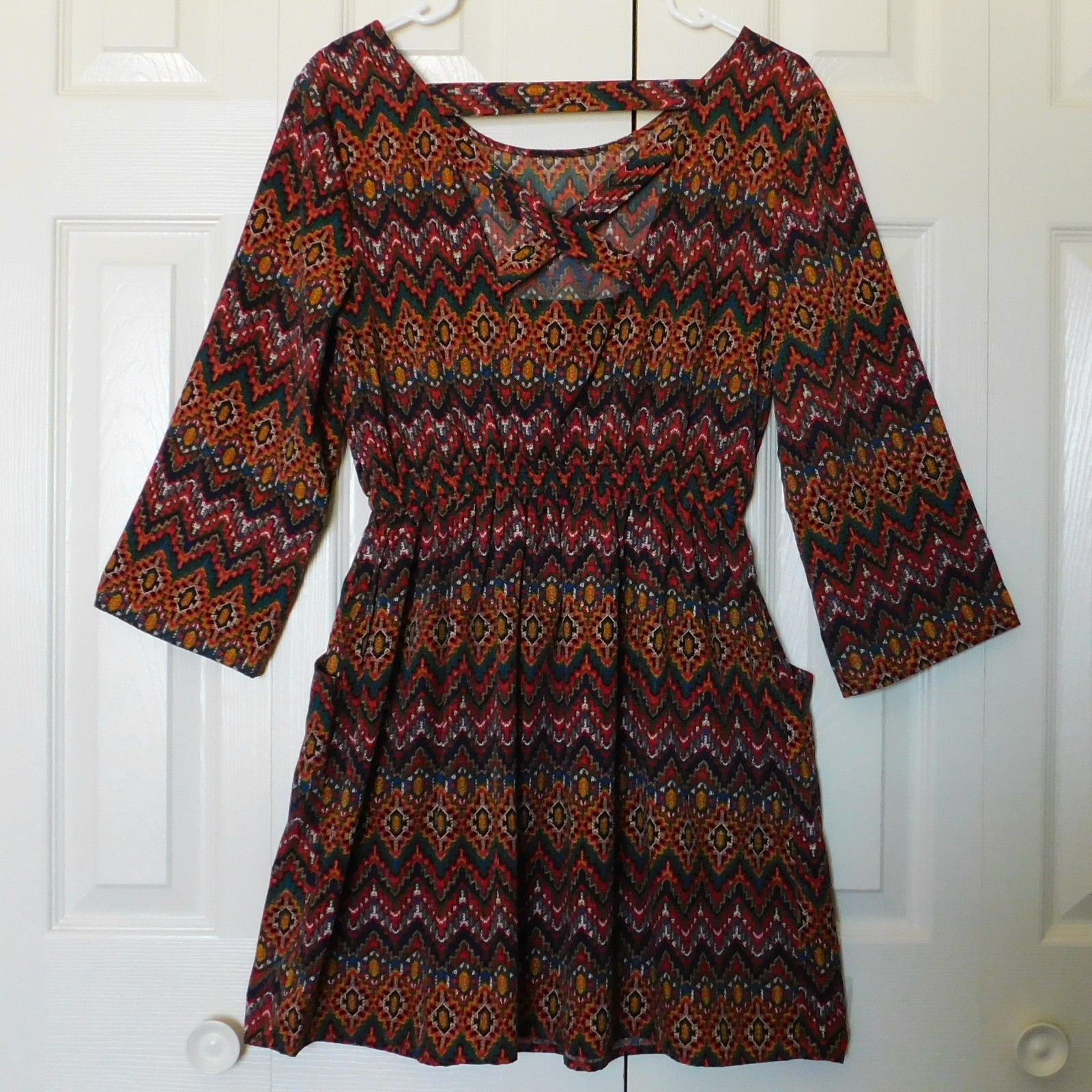 Alythea Boho Tribal Print Mini Dress Pockets Fit & Flare Aztec Festival Small