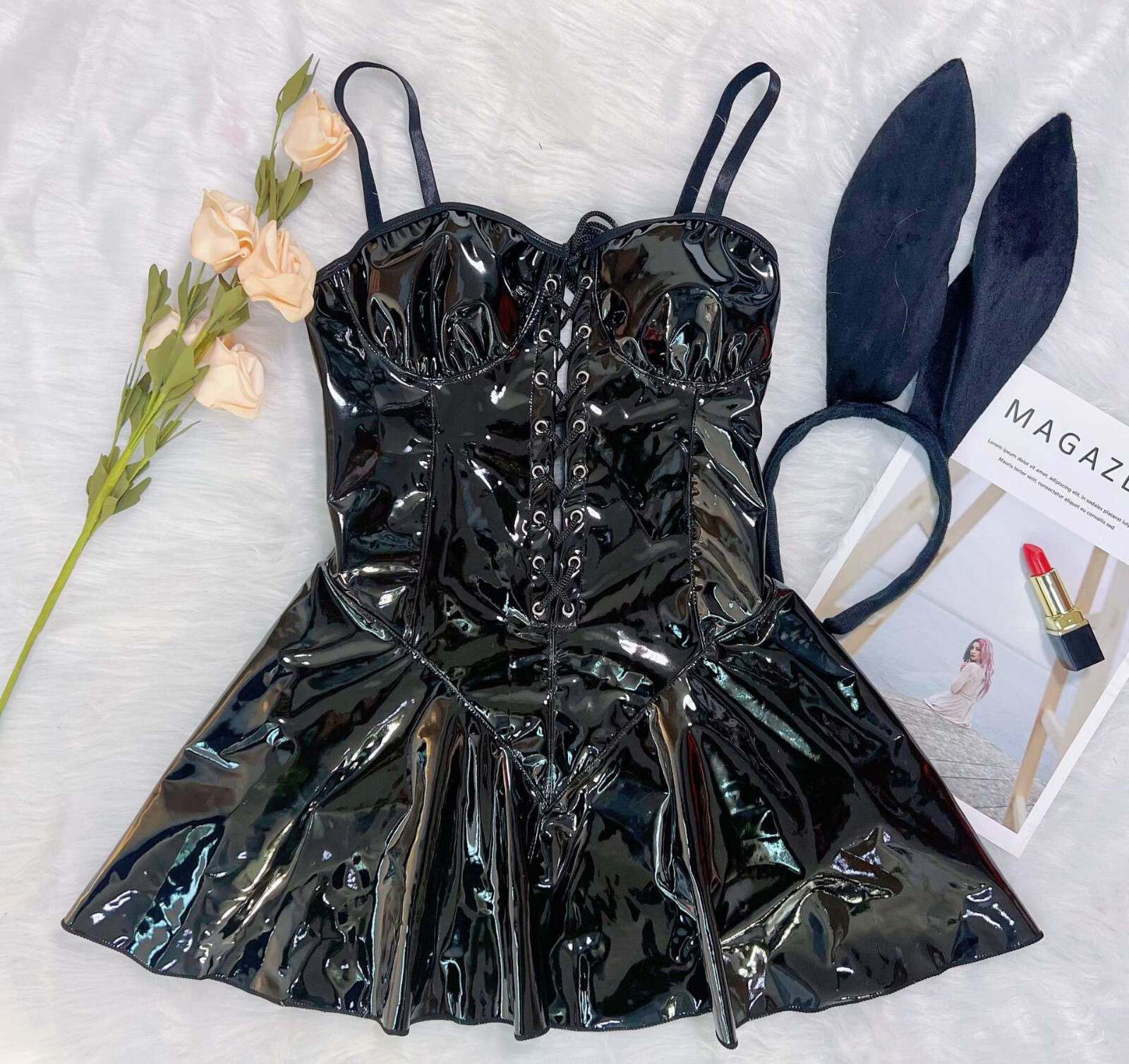 Bunny Girl Black Dress Waitress Uniform Playboy Halloween Patent Leather Costume