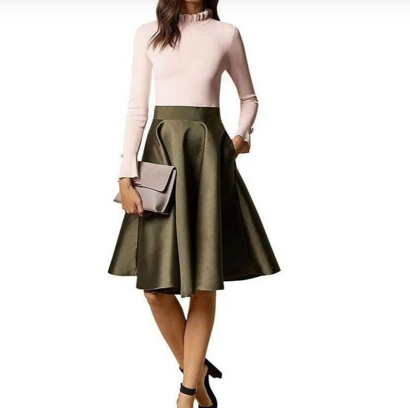 Ted Baker Zadi Knit Frilled Combo Midi Dress Size TB 3 UK 12 Pink Khaki