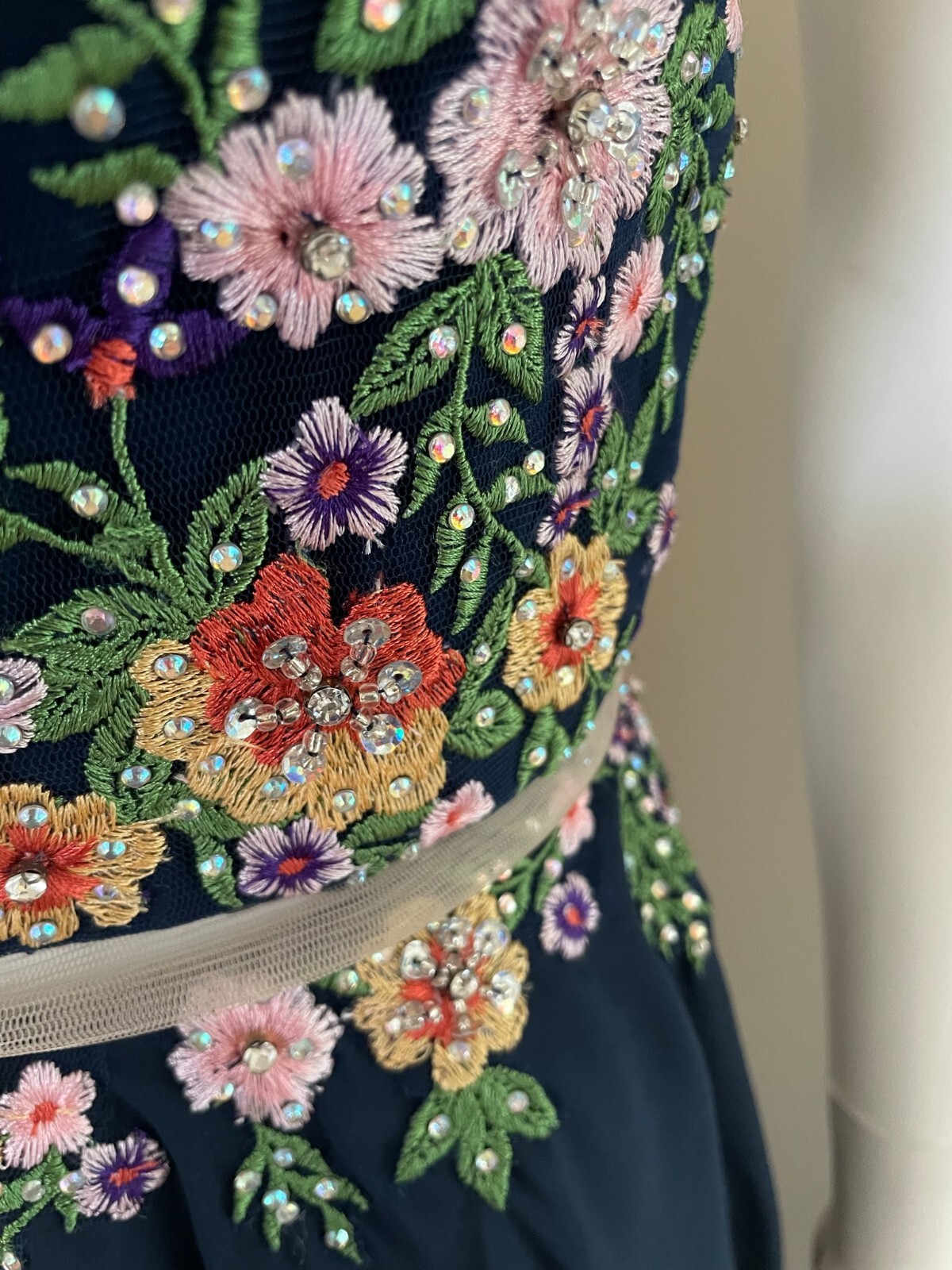 Tiffany Designs Embroidered Flower Floral Gown Dress Navy Size 6