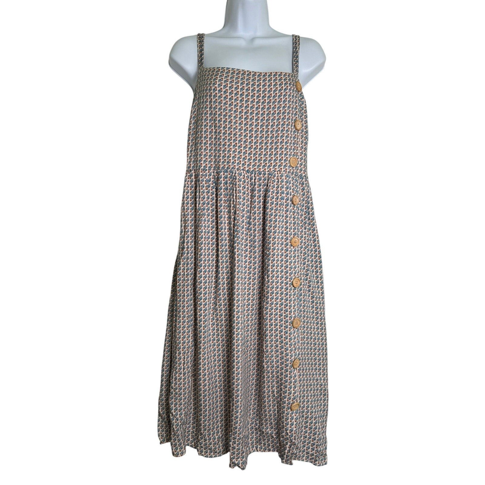 Superfoxx Square Neck Midi Dress Blue Tan Boho Size LARGE Geometric Print Button
