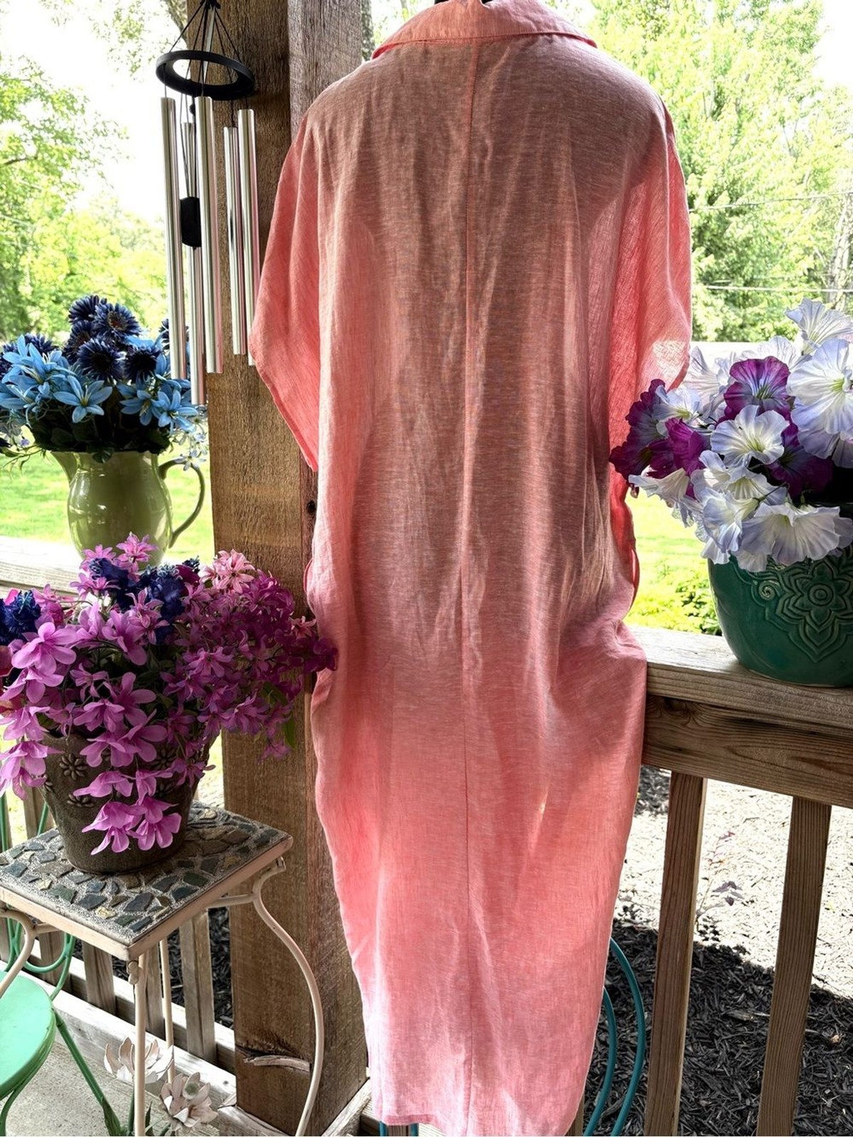Tahari Peachy Orange Caftan Style Short Wide Sleeve Linen Maxi Dress or Cover