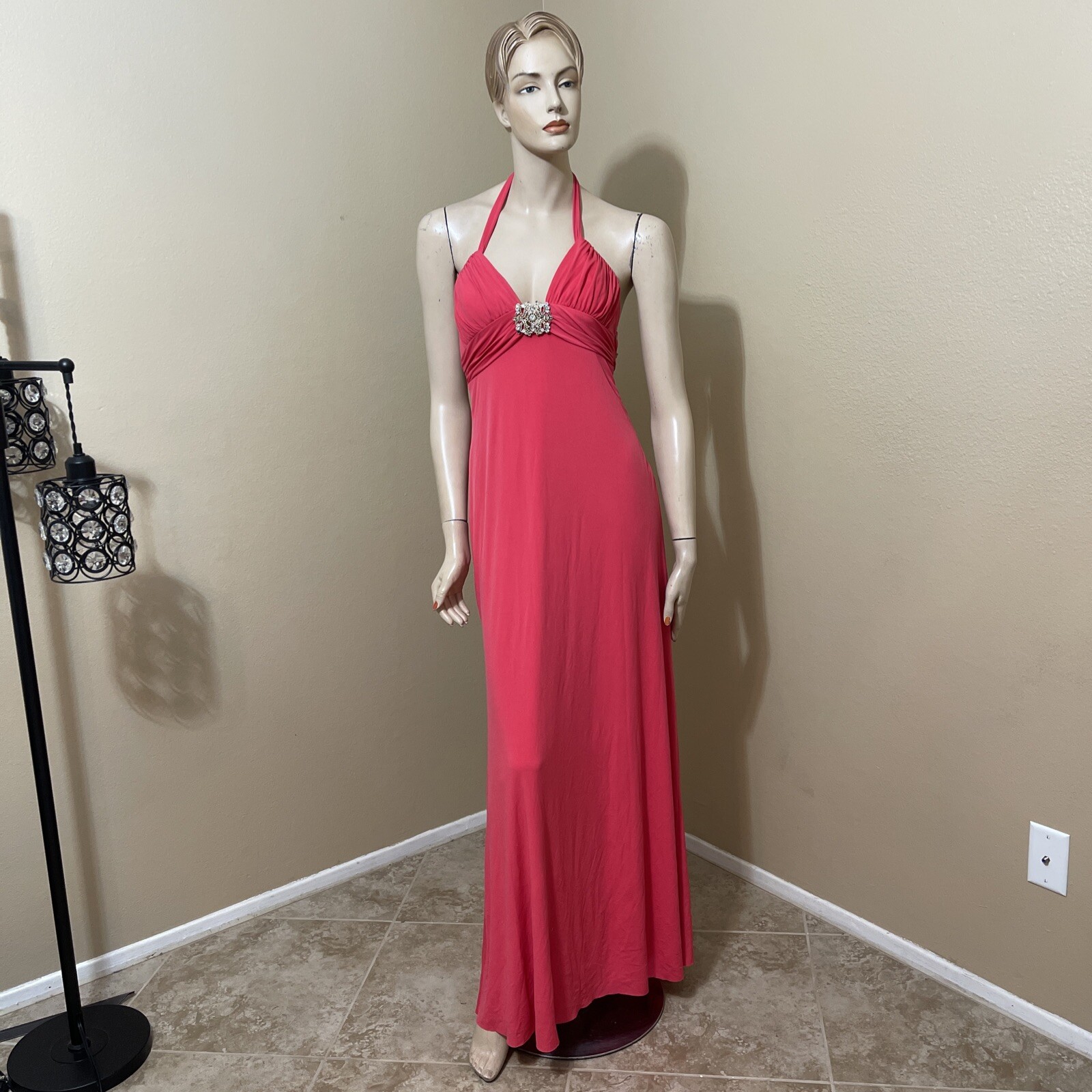 Women’s Coral Polyester Party Open Buckle Metal Belt Bead Size 8 Evening Dress