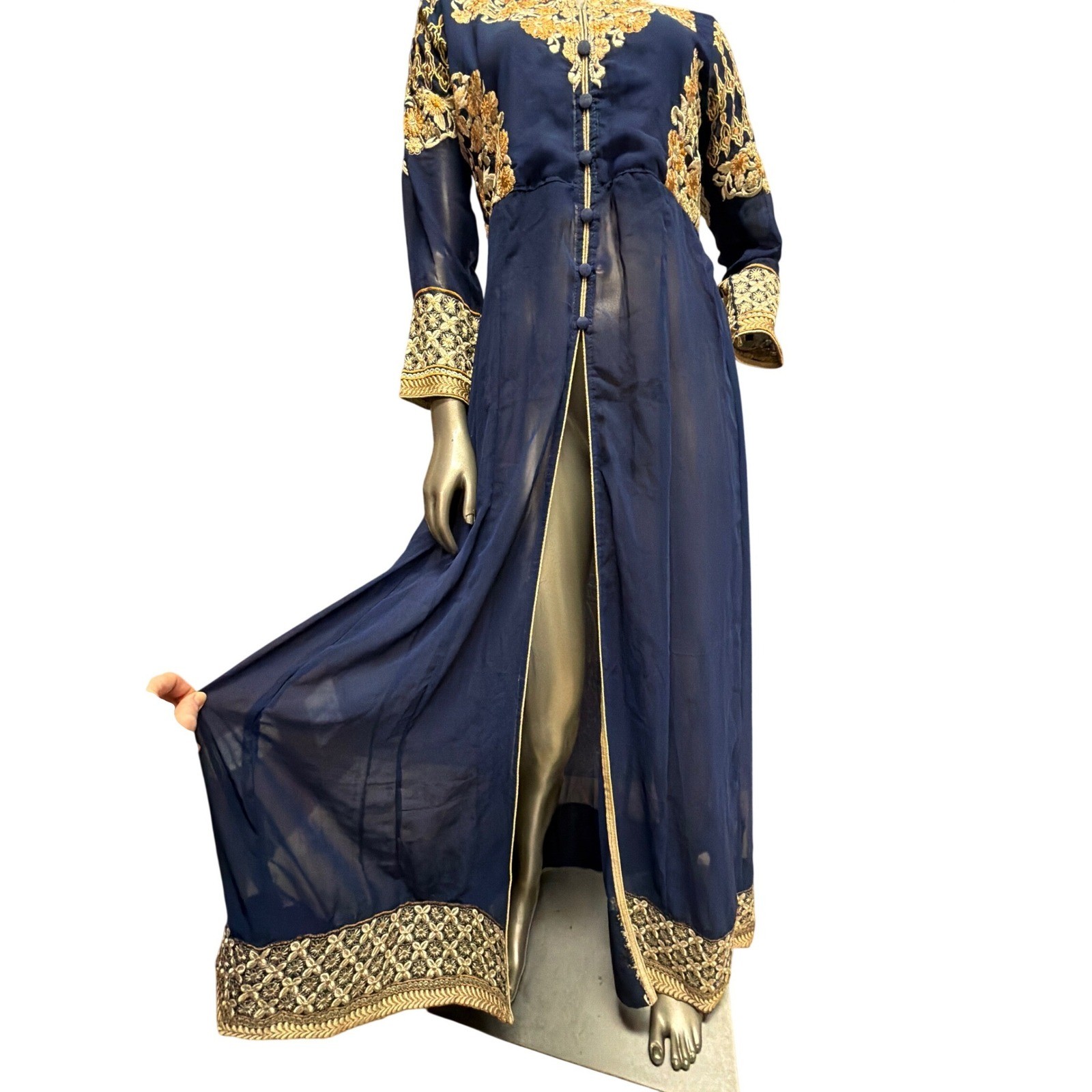 Navy Blue Gold Floral Embroidered Maxi Gown Mandarin Collar Side Zip Long Sleeve