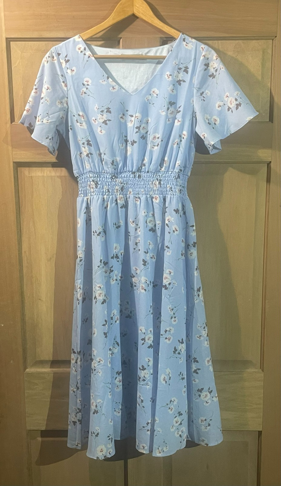 Blue Dandelion Floral Maxi Dress Flutter Sleeve Smocked Waist