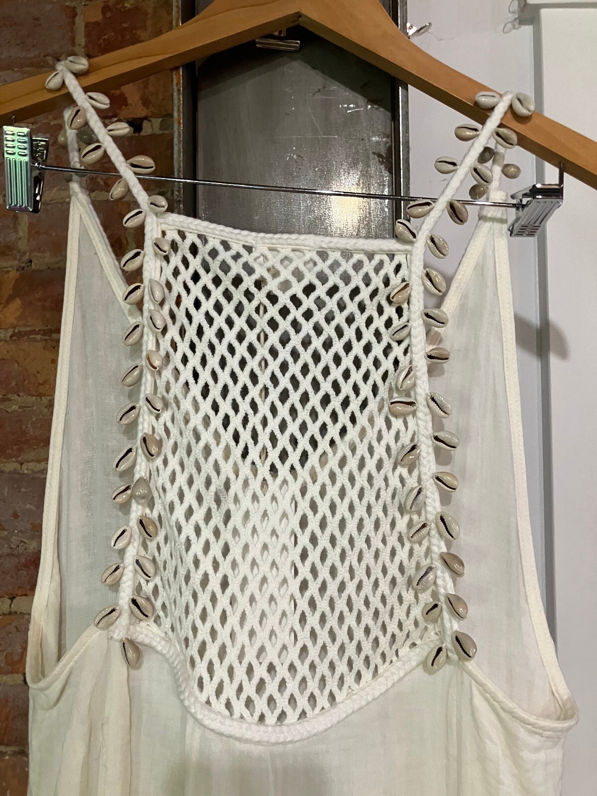 Anne Cole Ibiza Cowrie Shell Net Maxi Swim Cover Up L Ivory Boho Sleeveless NWT