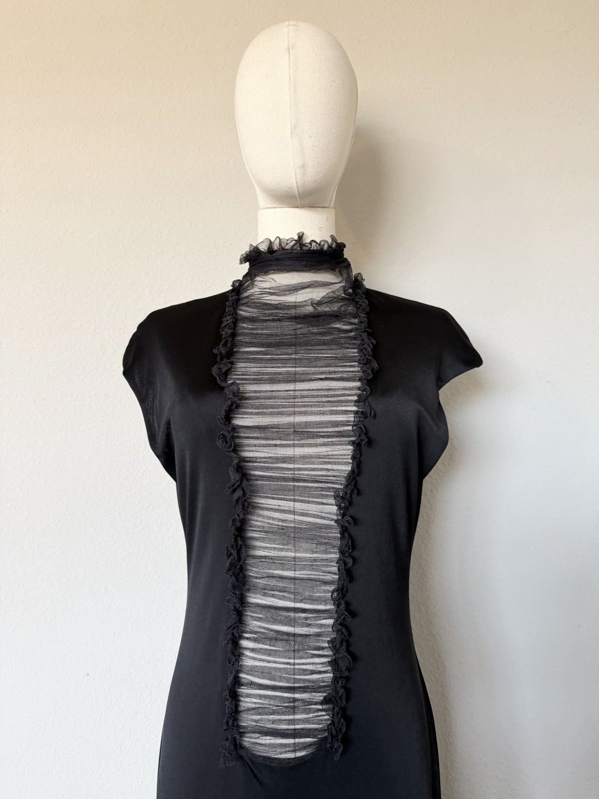 Y2K 90s Vintage Vera Wang Size 10 Black Rushed Mesh Midi Dress Silk Blend *READ