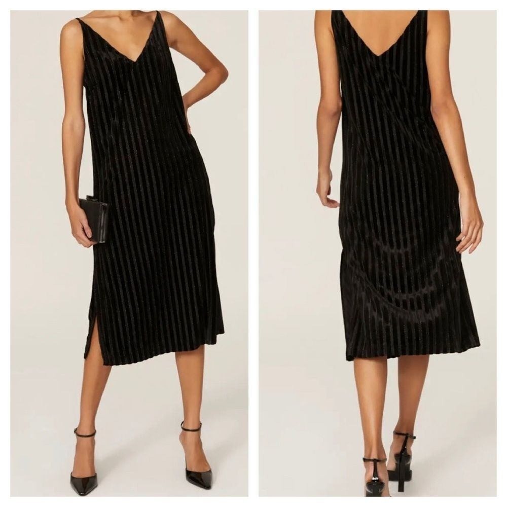 Adam Lippes Dress Women 4 Black Velvet Striped Metallic Cami VNeck Midi Slip