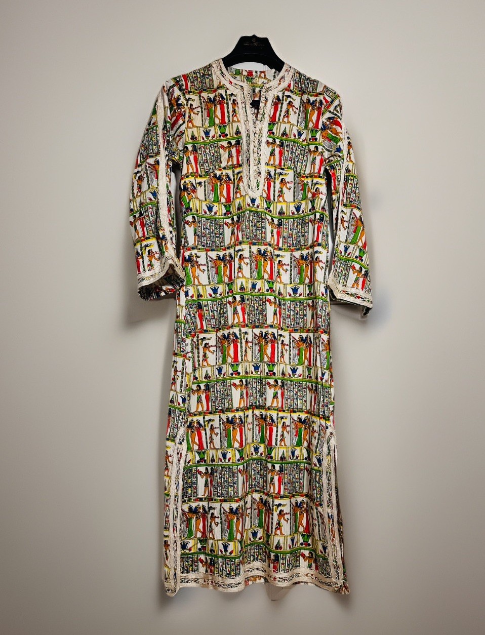 Vtg 60s70s EGYPT Cotton NOVELTY EGYPTIAN FIGURES Print Boho CAFTAN MIDI Dress XS