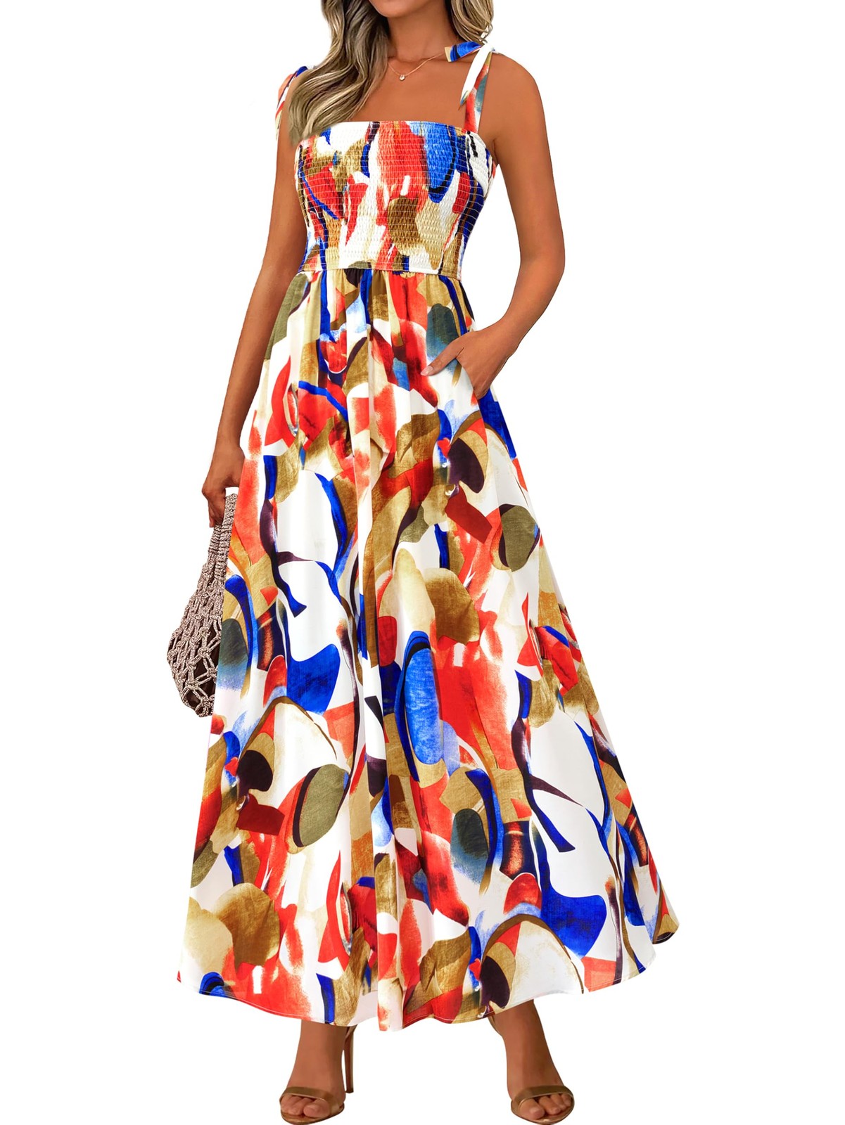 PRETTYGARDEN Womens Summer Dresses Floral Sleeveless Smocked Maxi Dress Boho
