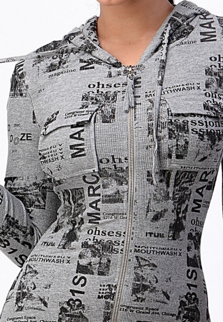 Magazine Print Tan/Gray Hooded Long Sleeve Bodycon Dress
