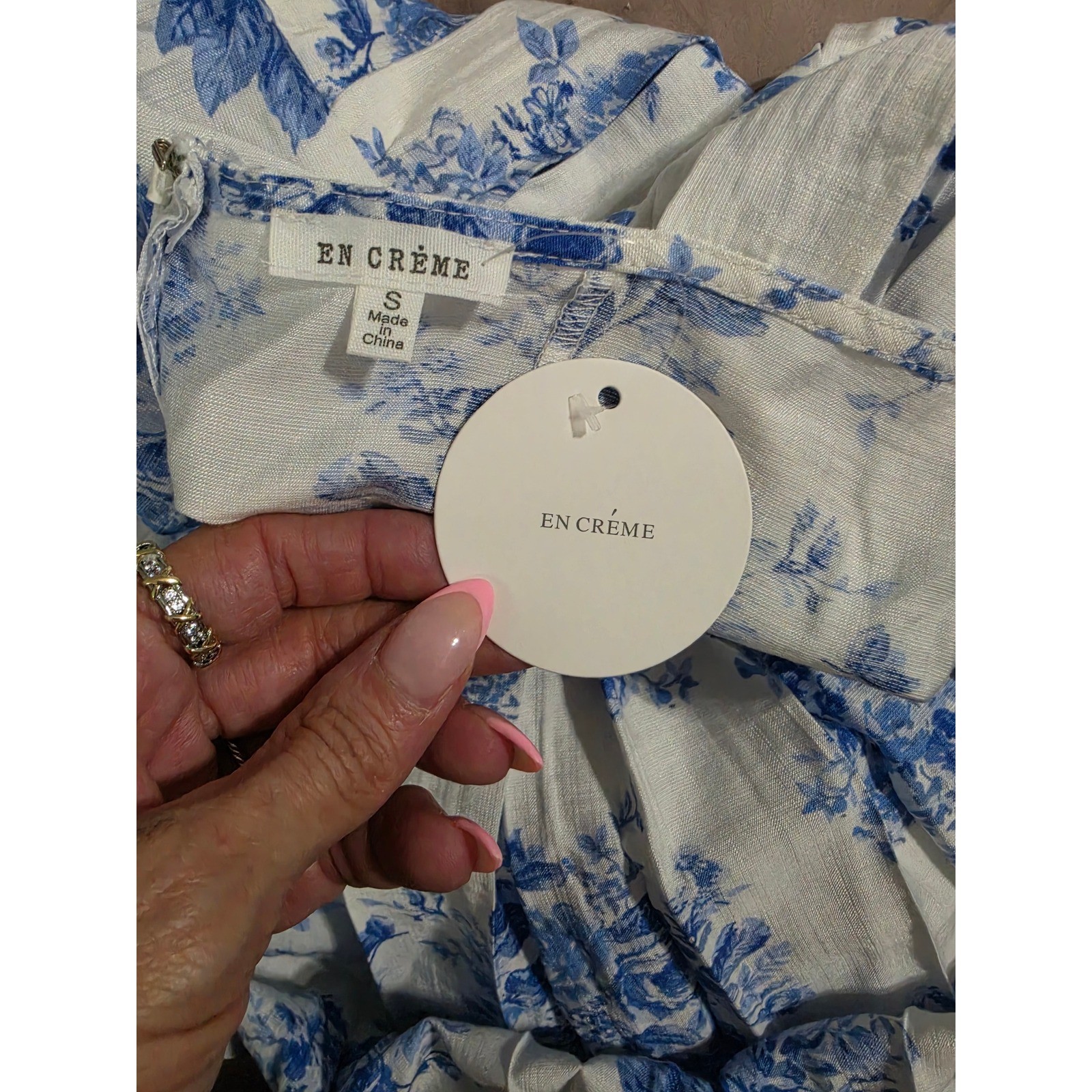 En Creme Blue White Floral Tie Shoulder Mini Dress Romper ERU61988GK Small NWT
