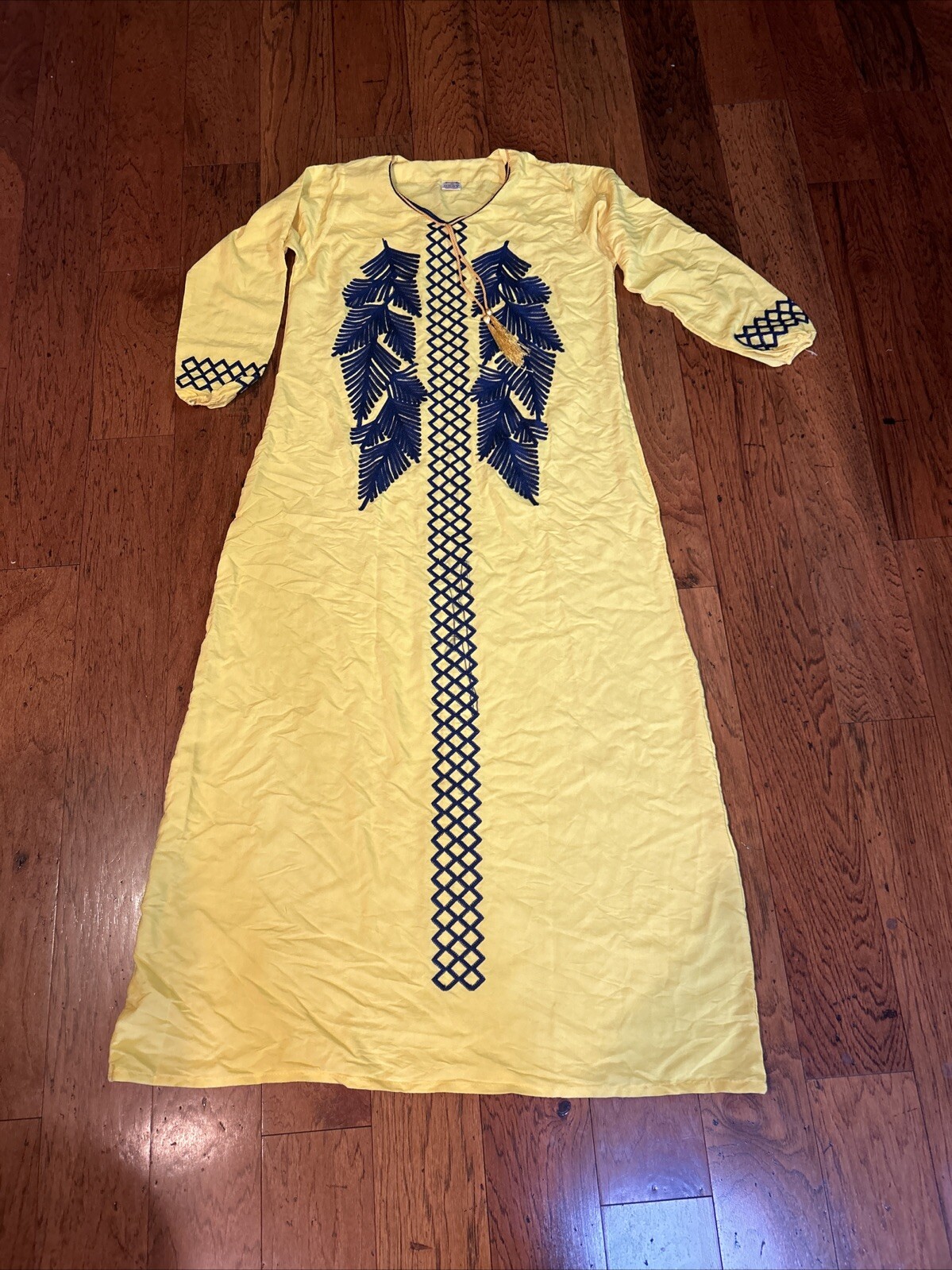 BRSY Yellow Long Cotton Caftan Dress Made In Egypt Small Long Sleeve