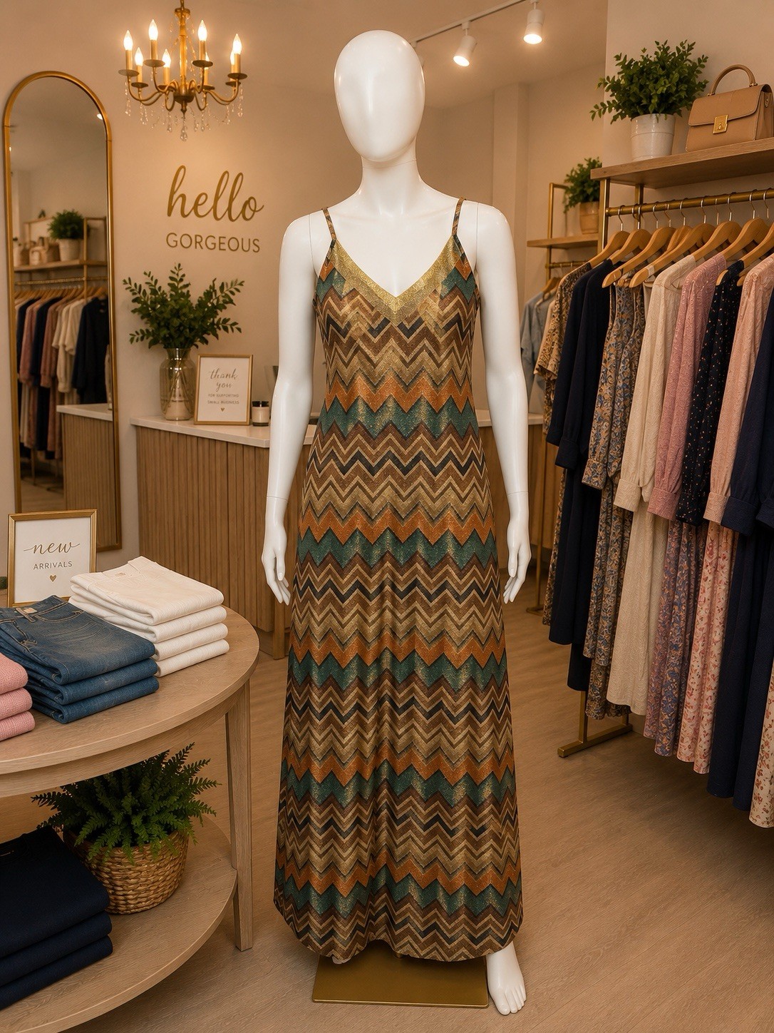NWT Woman’s New York & Co. Teal,Brown & Tan Chevron Mexi Dress With Gold Trim S