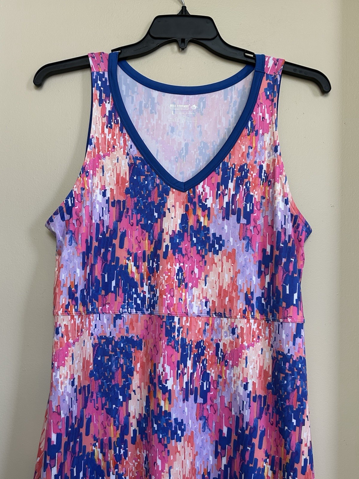 Reel Legends Abstract Print V-Neck Sleeveless Shift Dress Pockets Pink Blue L