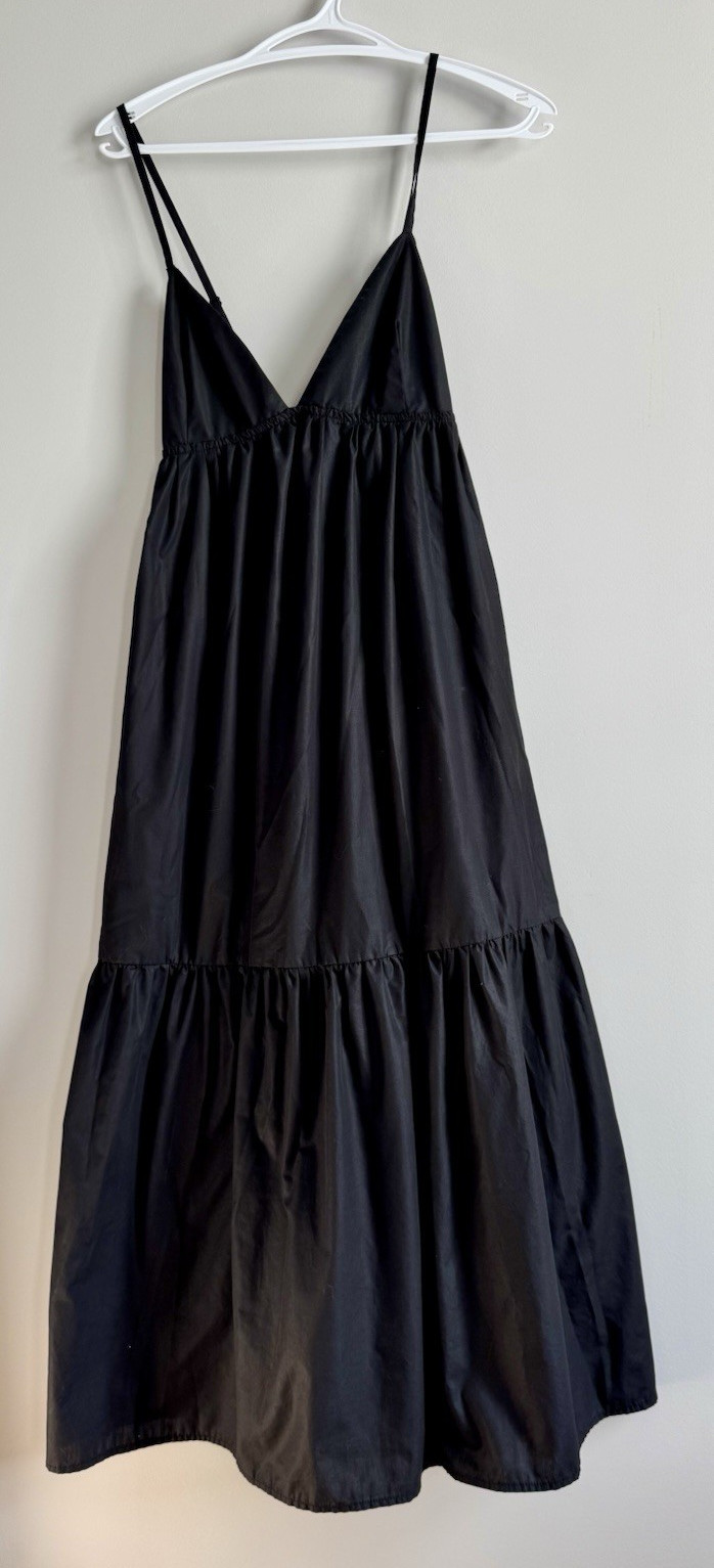 FOREVER 21 Women’s Black Solid V-Neck Adjustable Spaghetti Strap Midi Sundress L