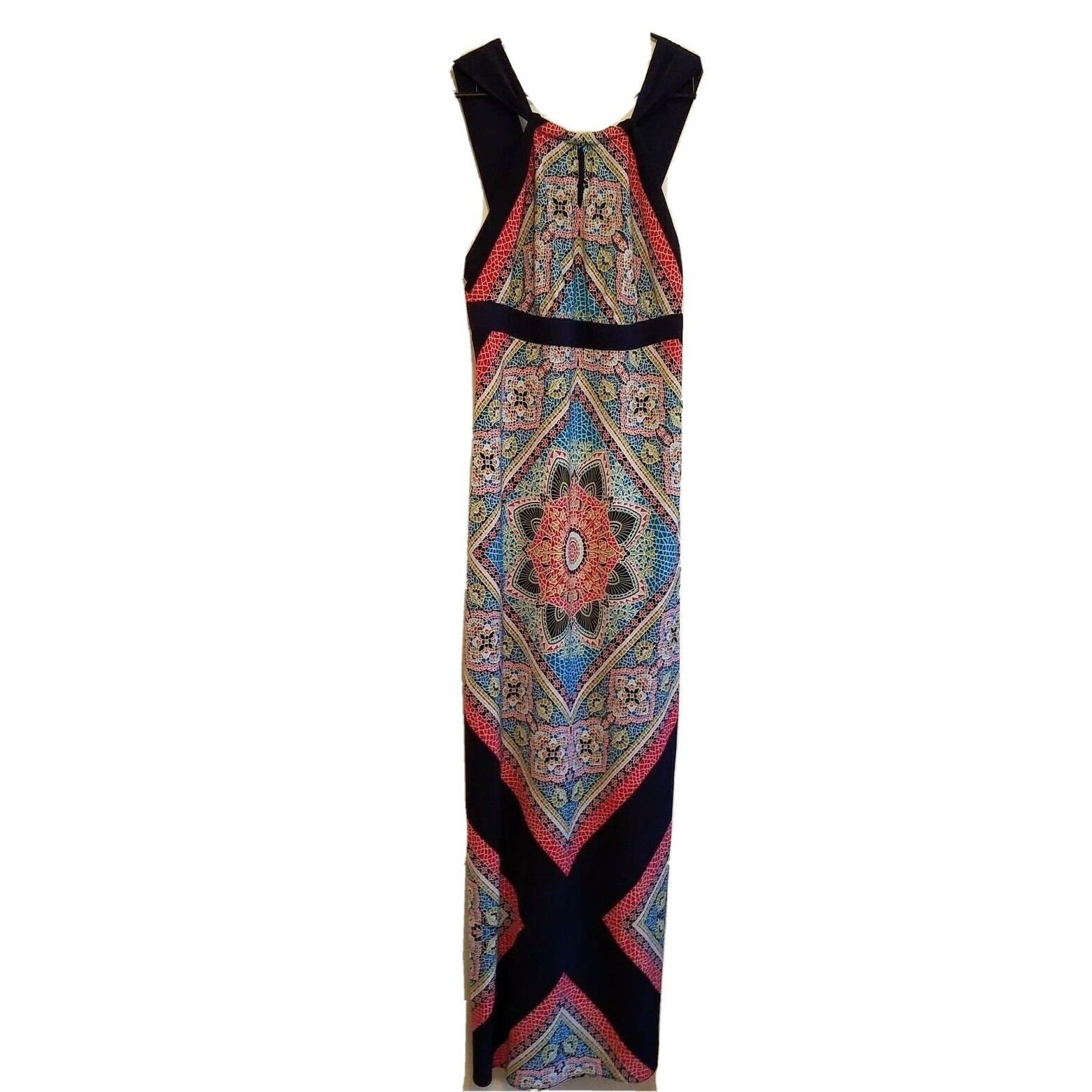 Allen B Schwartz Maxi Dress 10 Navy Sleeveless Mandala Floral Keyhole Fairy Boho