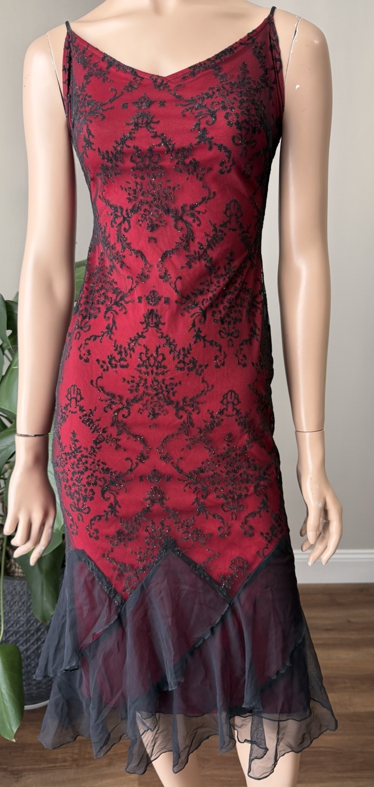 VTG 90s Water Signs Vampy Goth Red Black Glitter Damask Dress Sz 3/4