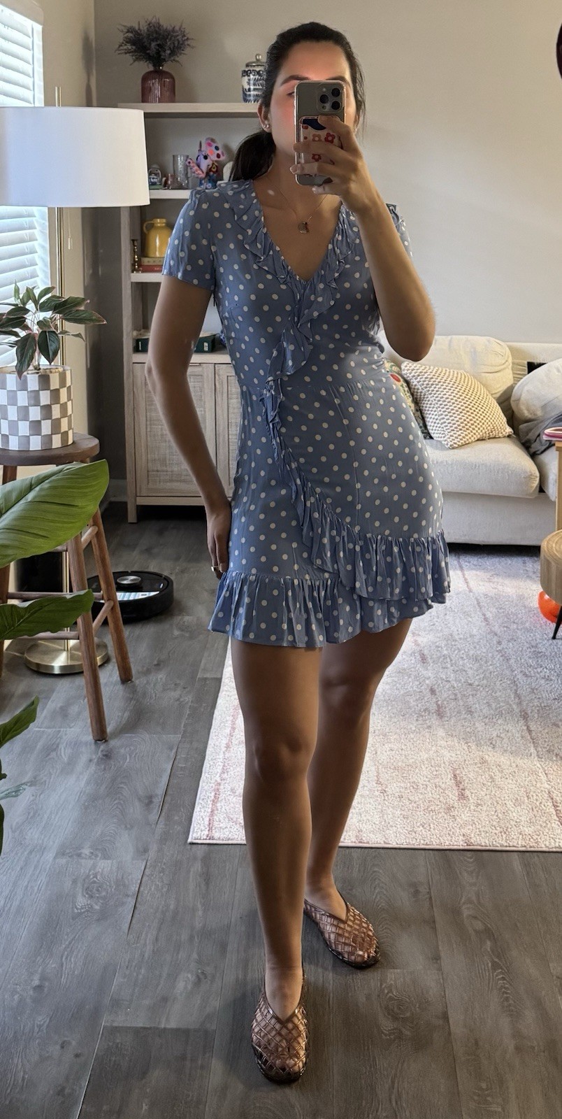 Mango Light Blue and White Polka Dot Ruffle Wrap Dress