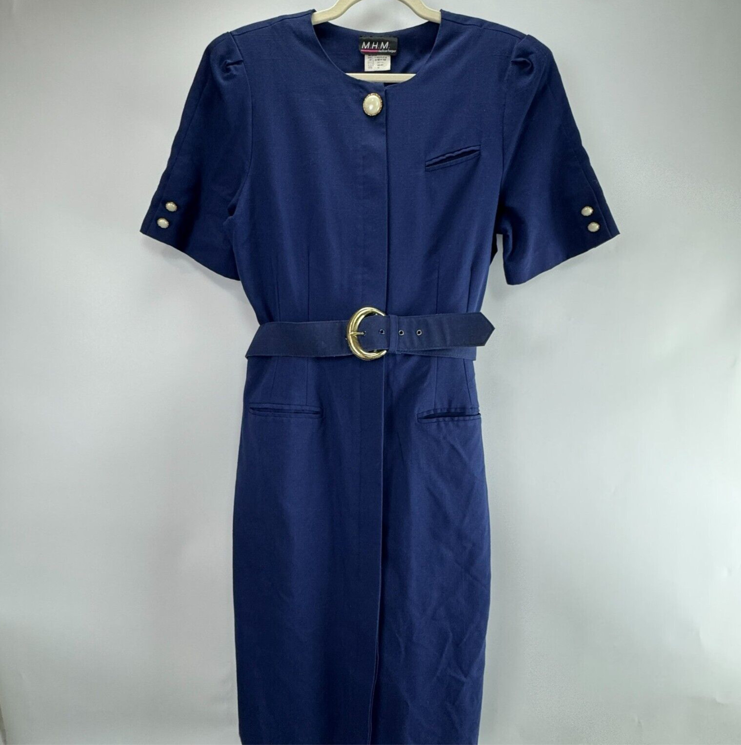 Vtg MHM Melissa Harper Blue Dress Womens 14 Hidden Button Closure With Belt 80s