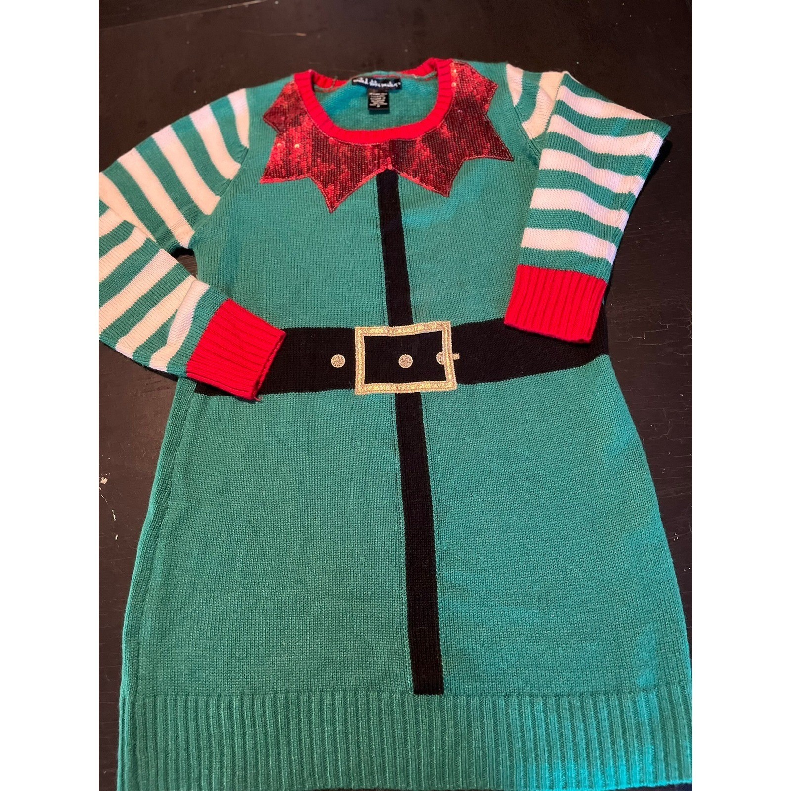United States Sweaters Elf Christmas Dress Medium Green Red Sequin Holiday
