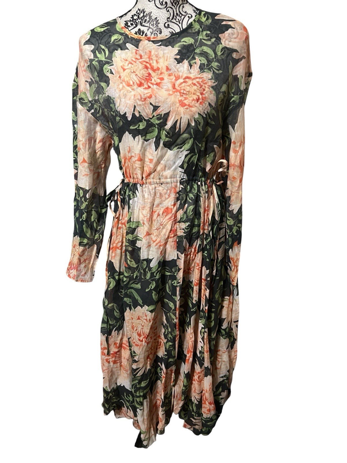 H&M NWT Floral Multicolor Long Sleeve Maxi Sheer Drawstring Waist Dress sz XS
