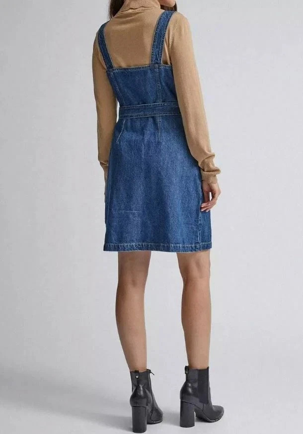 BEAUTIFUL DENIM PINAFORE BUTTON FRONT BELTED SIDE POCKETS DRESS SIZE UK 14 NEW