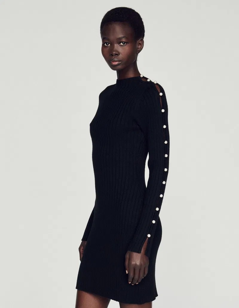 Sandro Arabelle Black Pearl Embellished Ribbed Knit Mini Dress Size S FR 36 UK 8
