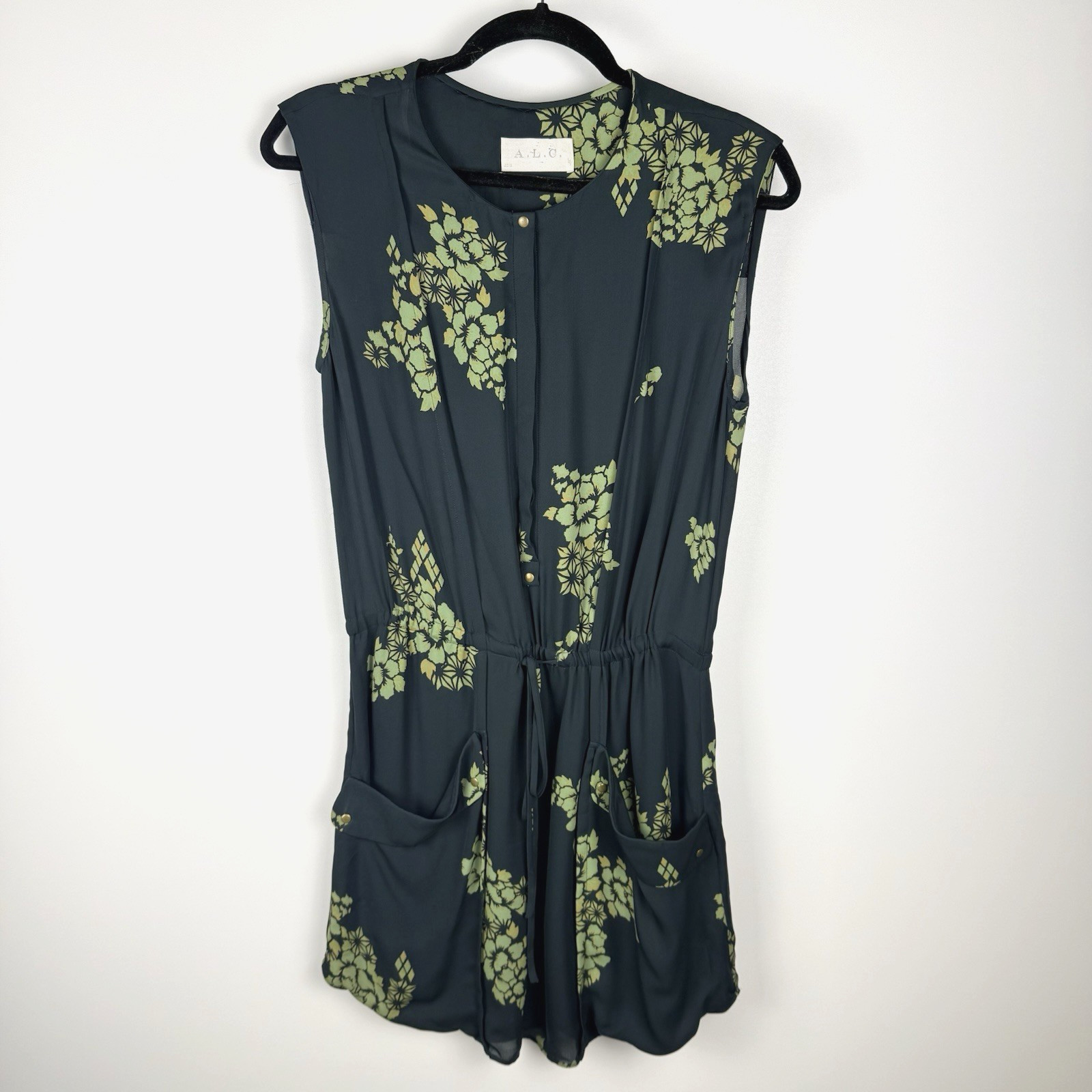A.L.C Silk Dress Women’s S Black Green Floral Snap Pockets Lined Luxury $545