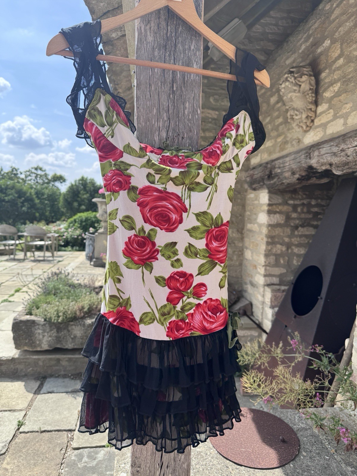 Rare Vintage Y2K Wheels & Dollbaby Sydney Rose Print Mesh Ruffle Mini Dress sz 3