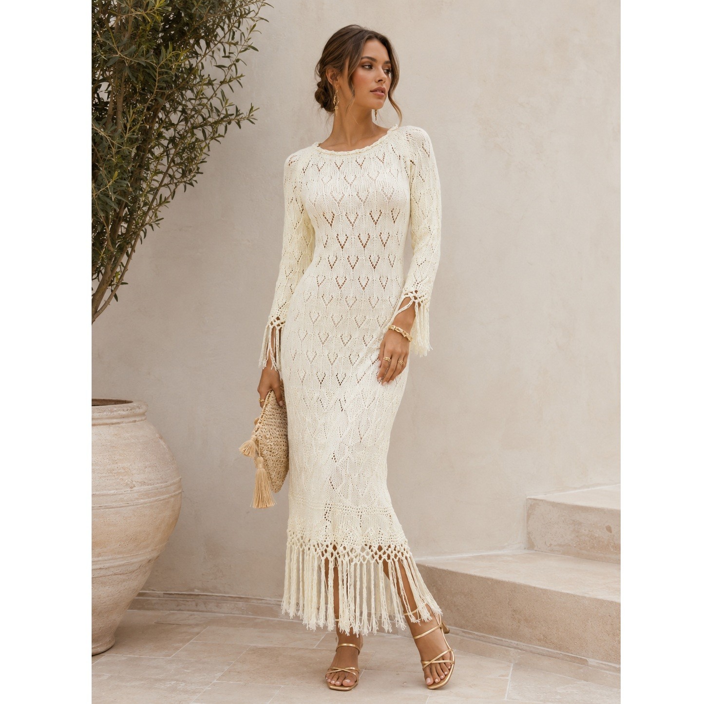 NWT Hand Knit Crochet Dress Long Sleeve pointelle maxi dress Cream Ivory Size S