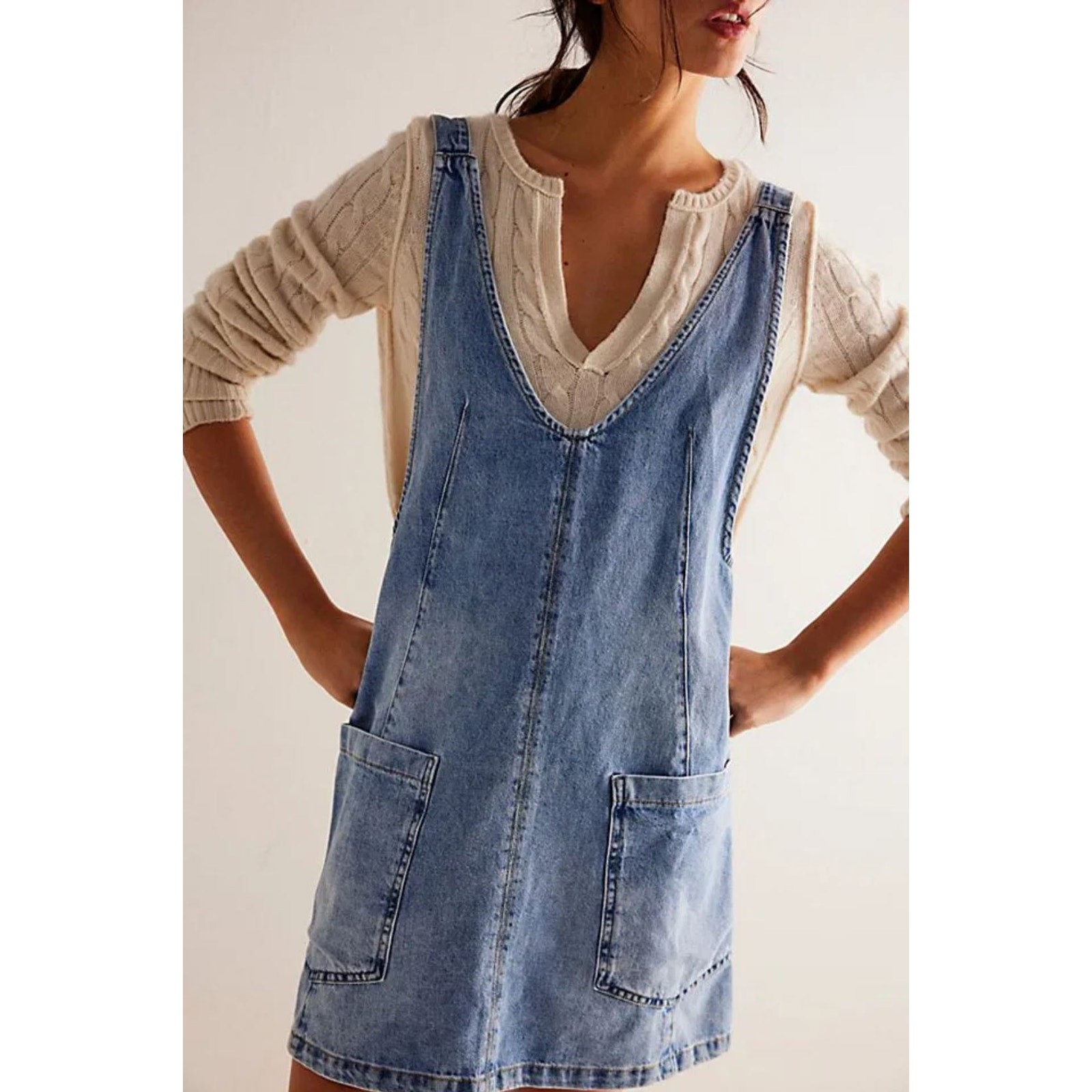 Free People High Roller Skirtall Medium Denim Overall Mini Dress Western Boho