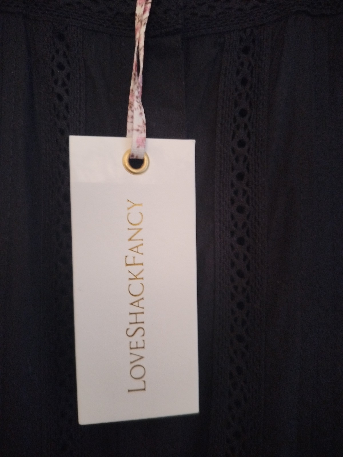 LoveShackFancy Edie Black Cotton Poplin Lace Button Front Midi Dress Tiered Sz M