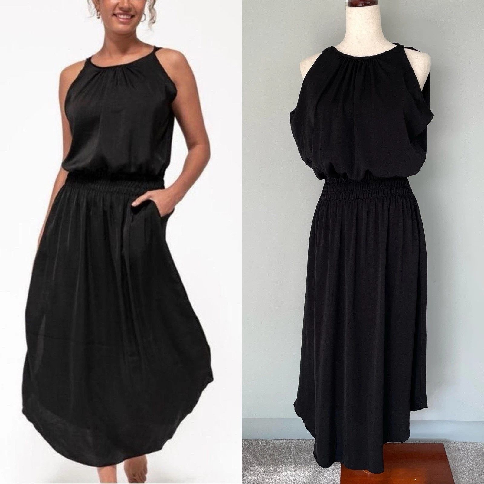 SheBird Emma Black Satin Knit Bateau Neck Built In Bra Midi Dress Smocked M L