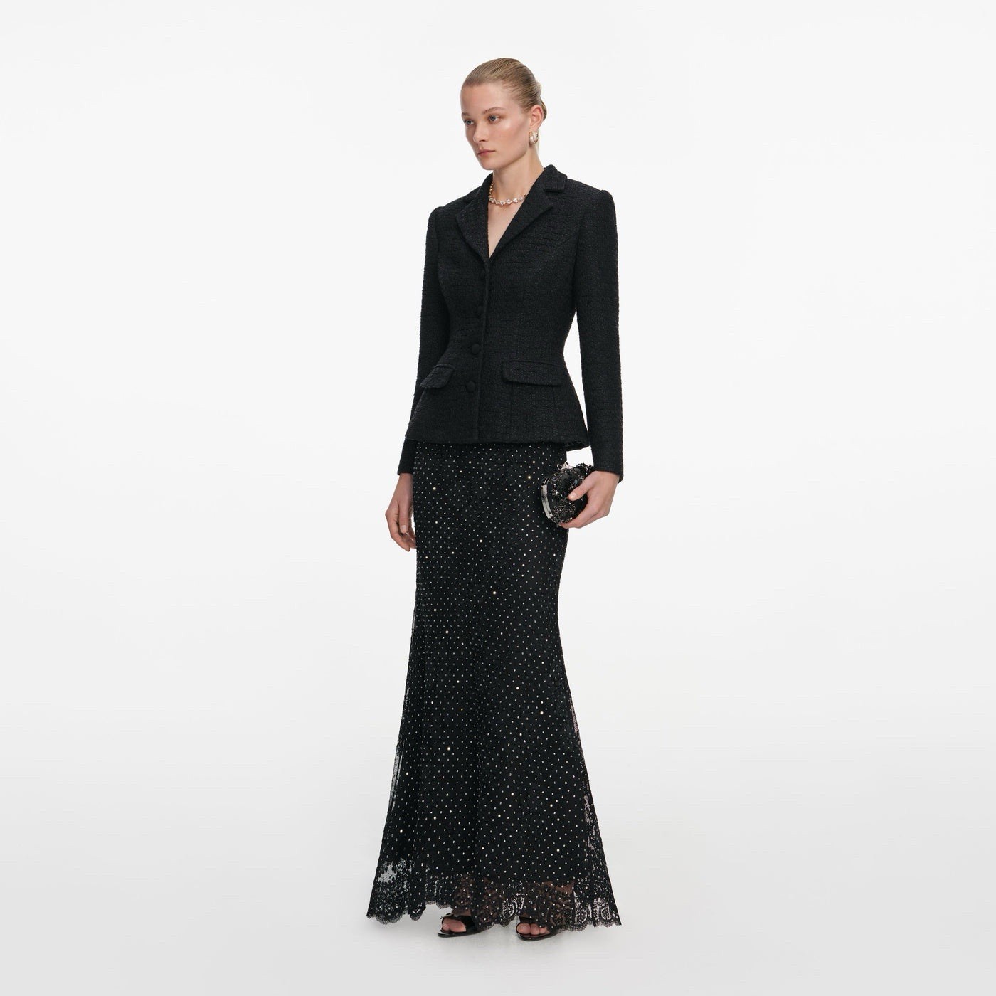 Self portrait BLACK BOUCLE RHINESTONE LACE MAXI DRESS $ 850 US 2 UK 6