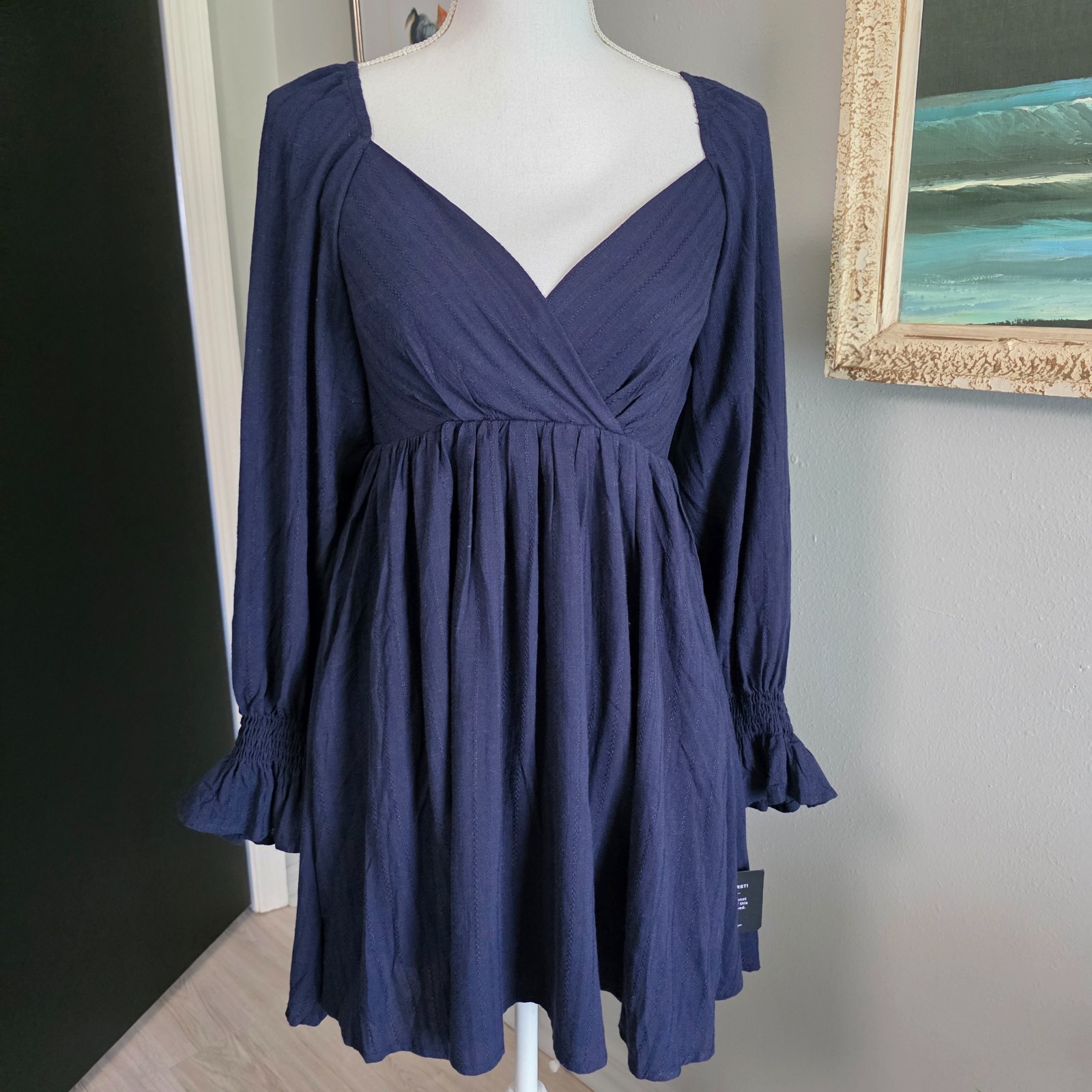 Lulus Navy Smock Gathered Top Bell Sleeve Dress size XS NWT