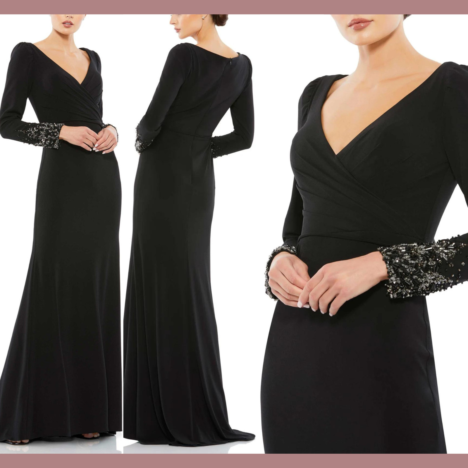 NWD $498 Mac Duggal [ 14 ] Beaded Cuff Long Sleeve Wrap Over Trumpet Gown #G1993