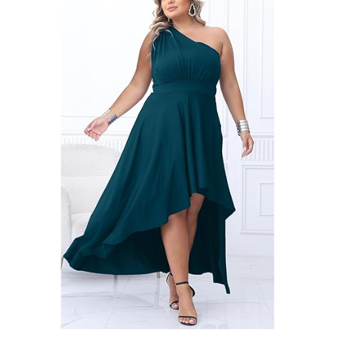 Ekaliy One Shoulder Maxi Dress for Curvy Women Hem Flowy Summer Dress Teal 3XL