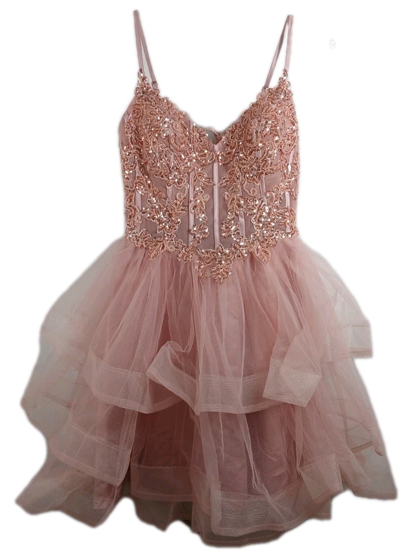 Pink Women’s A-Line Short Layered Tulle Beaded Corset Dress