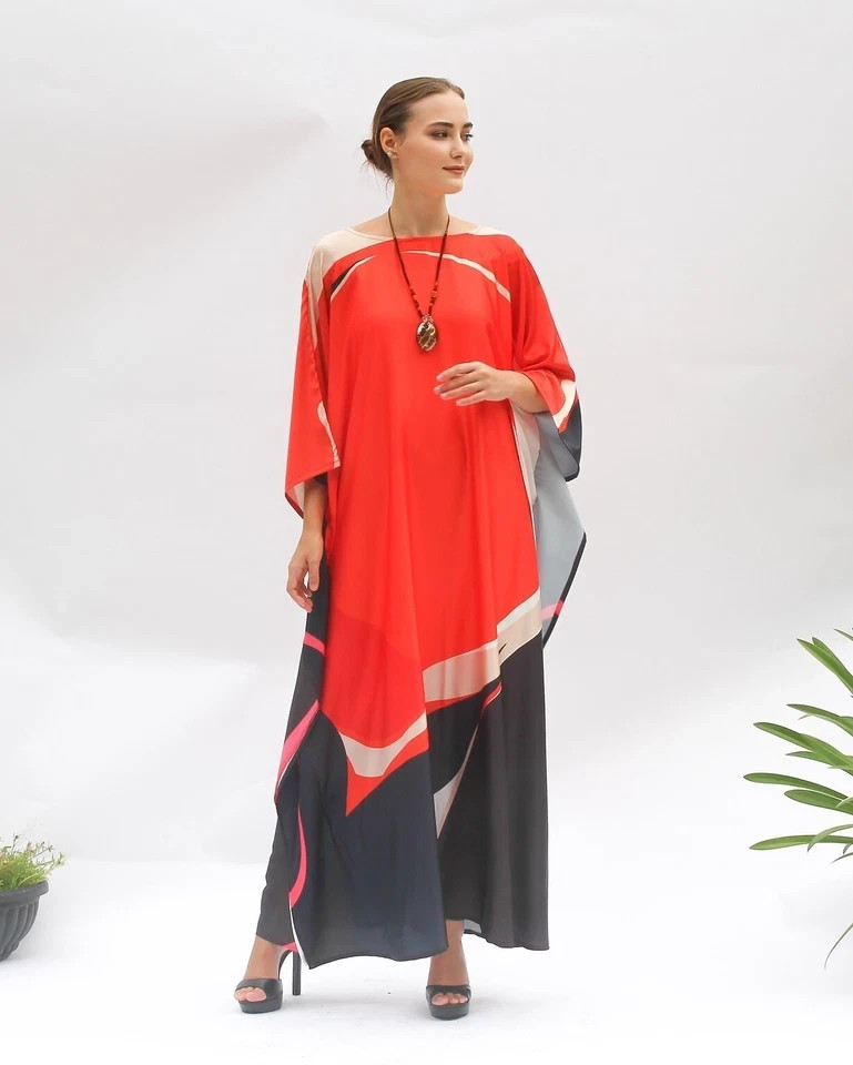 Most Beautiful Black & Red Caftan, Long Kaftan, Soft Satin Silk Kaftan J5823