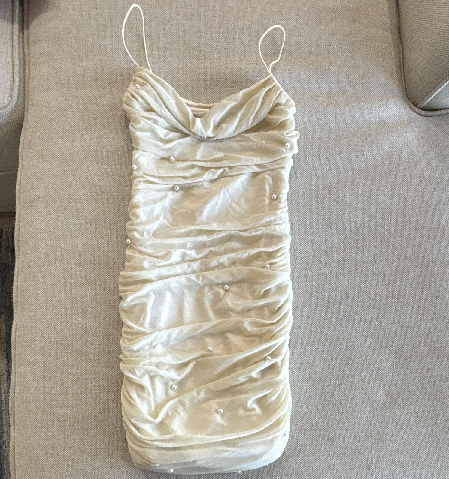 Steps Ivory Satin Ruched Beaded Spaghetti Strap Mini Dress, Women’s XS