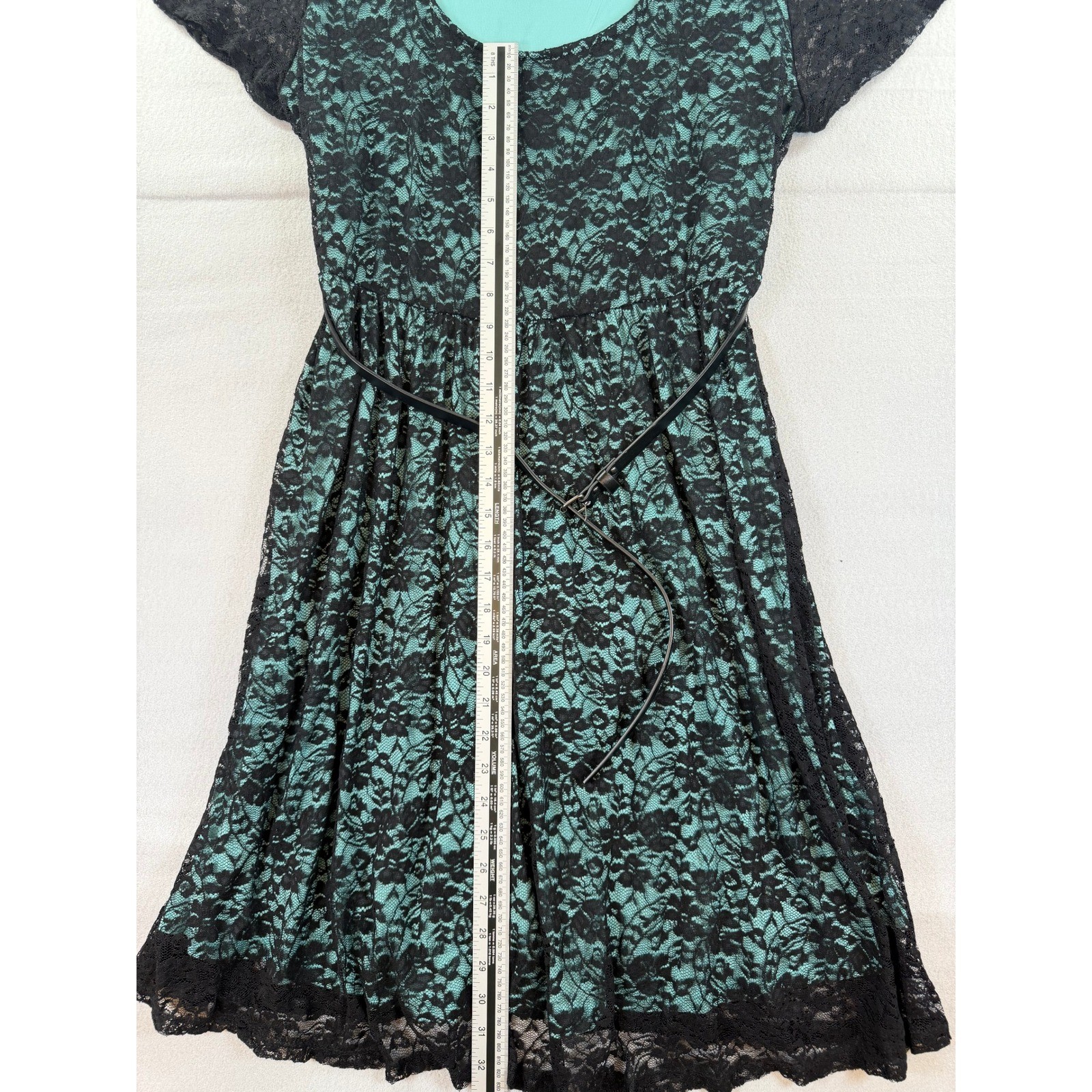 Torrid Black Lace Teal Lining Fit Flare Dress Belted Plus Size 1 XL Short Sleeve