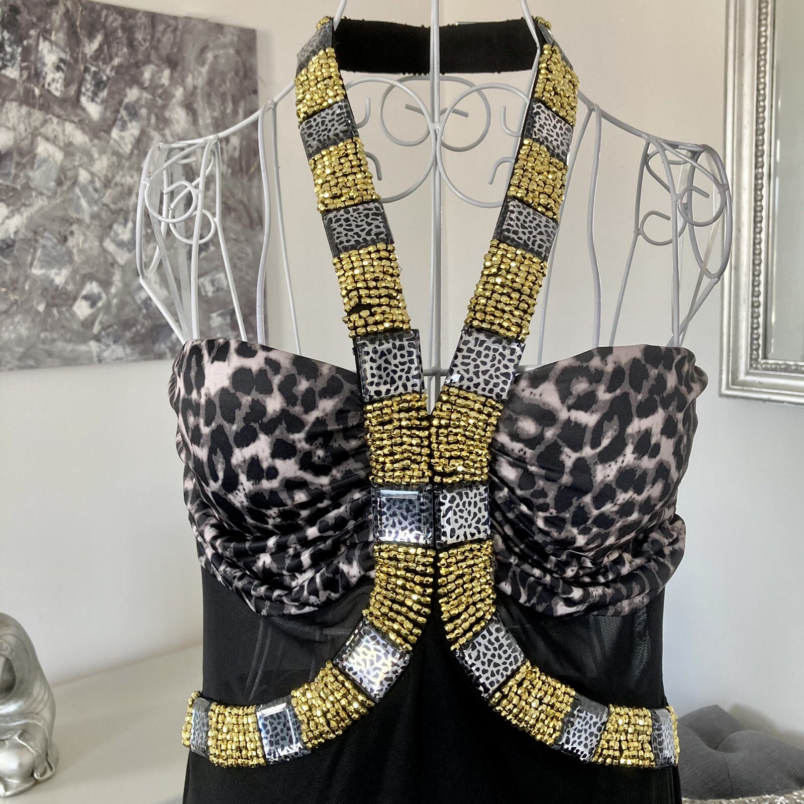 Grey Black Leopard Print Halter Prom Ball Cocktail Occasion Maxi Dress S 8-10