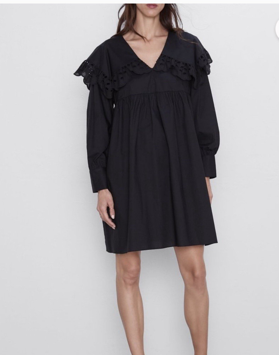 New ZARA Scalloped Eyelet Poplin Black Babydoll Mini Dress Long Sleeve Ruffle M