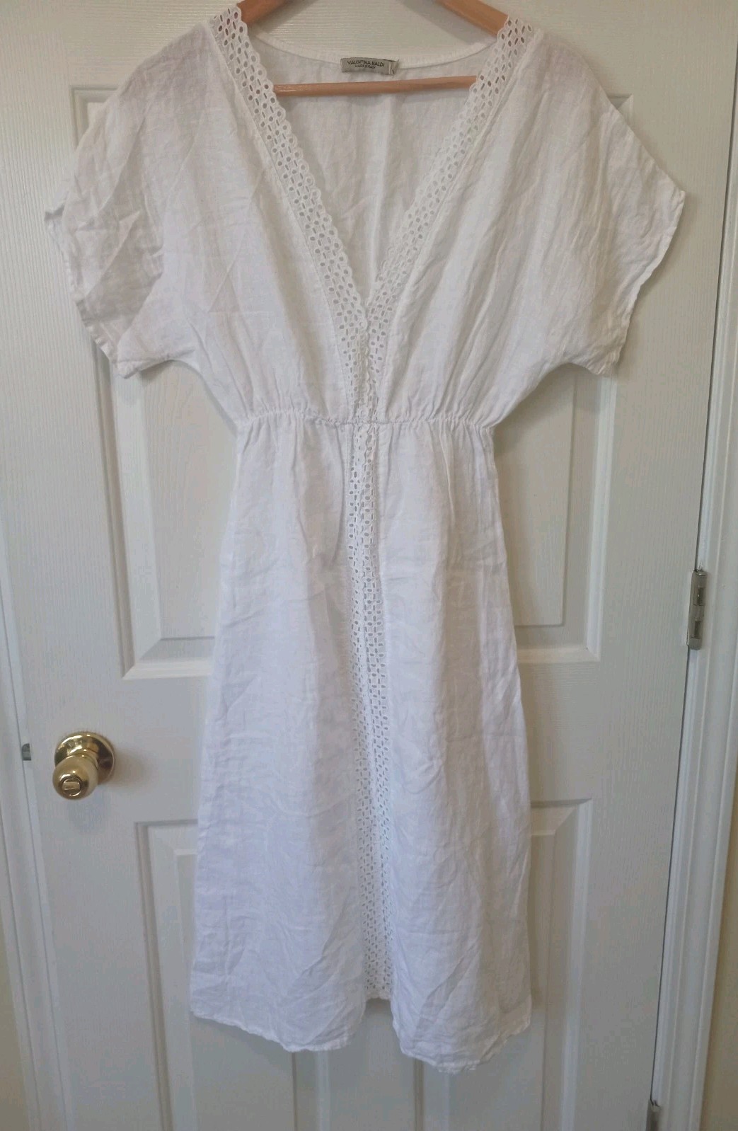 VALENTINA NALDI Womens White V Neck Elastic Waist Linen Dress Casual Resort S