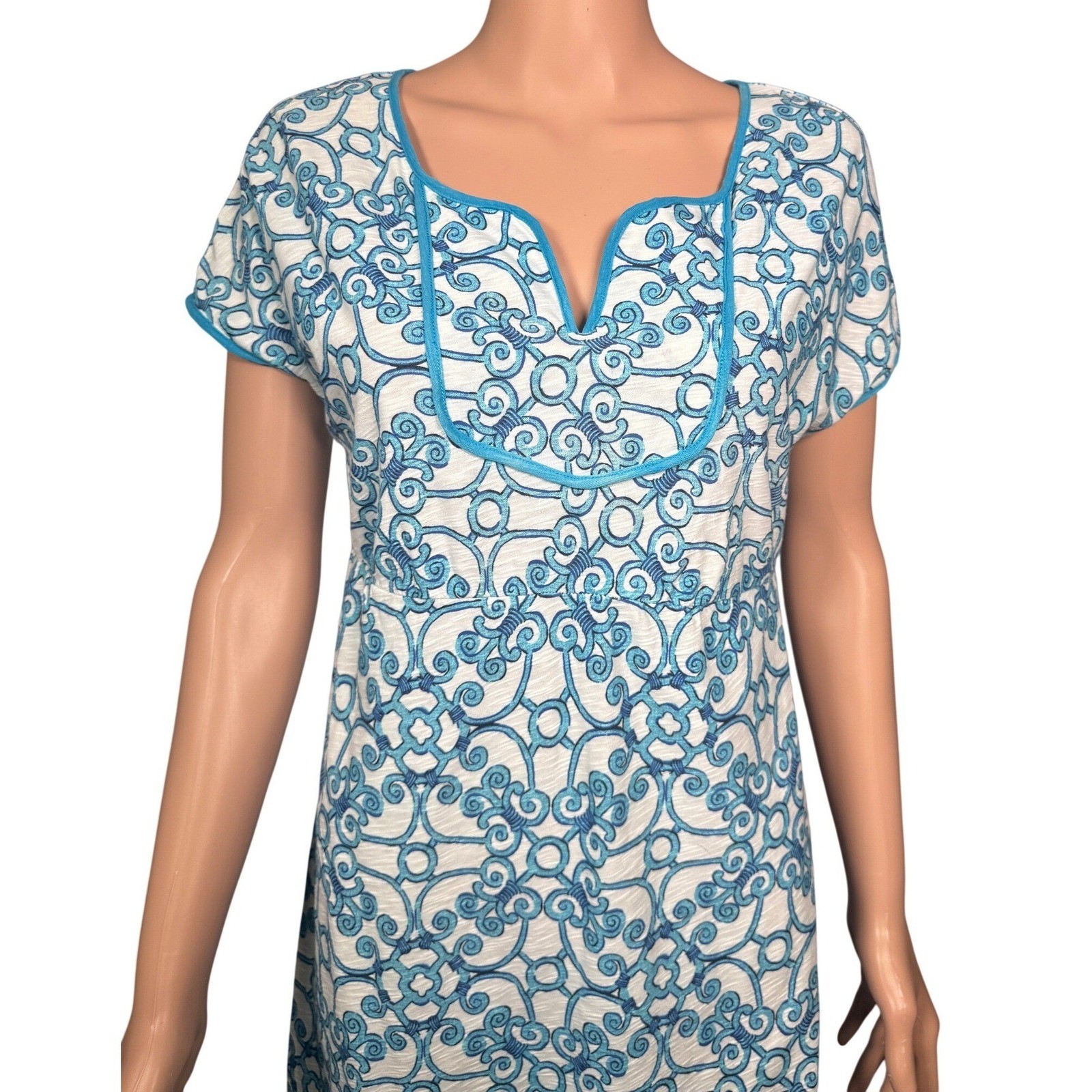 Tommy Bahama Womens Small Turquoise White Scroll Print Slub Knit Shift Dress